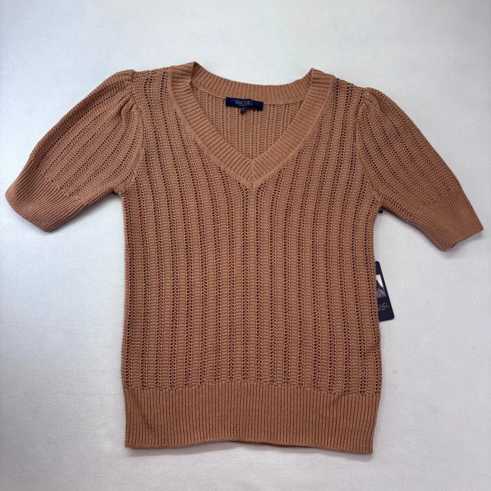 Rachel Rachel Roy Womens V Neck Short Sleeve Knit Sweater Small New Rust Orange‎